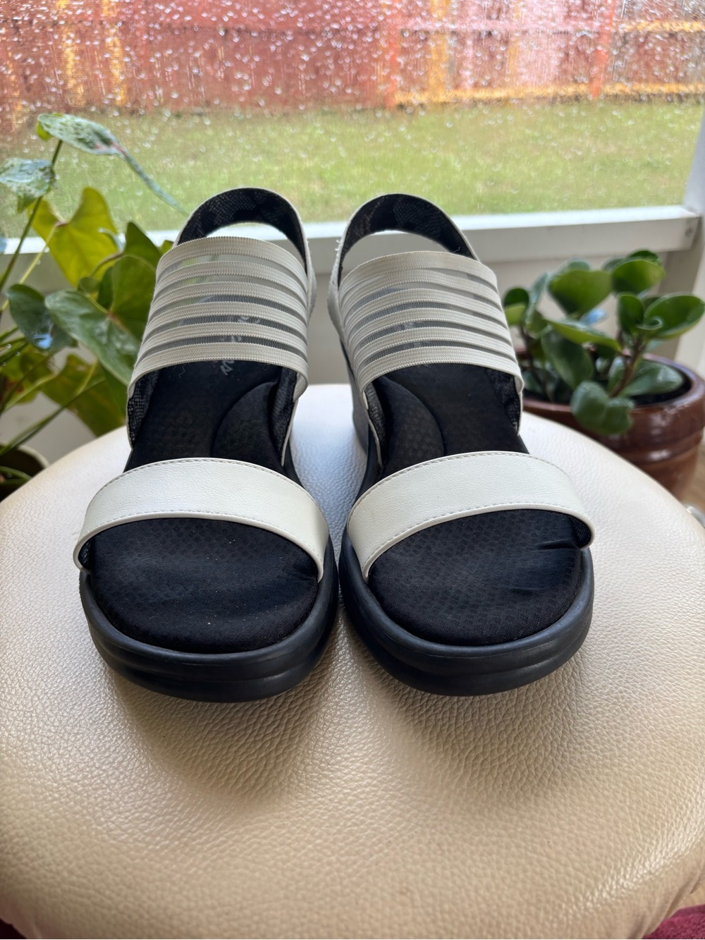 Skechers White and Black Elastic-Strap Slide Sandals
